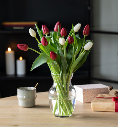 Rød og hvit tulipanbukett liten